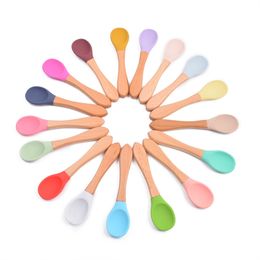 Children Silicone Spoons Wooden Handle Coffee Scoops Baby Training Spoon Home Kitchen Tableware 28 Colours 0426