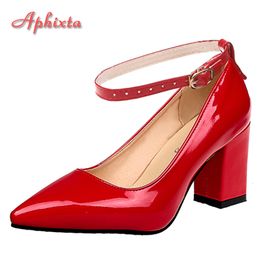 Dress Shoes Aphixta 2 75Inch Pimp Buckle Patent Leather Women Pumps Leisure Red Fashion Official Pointed Toe Plus Size 50 230711