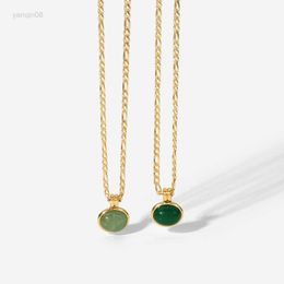 Pendant Necklaces Minar Retro Green Color Jade Natural Stone Pendant Necklaces for Women 14K Gold Plated Stainless Steel Oval Choker Necklace Gift HKD230712