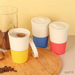 Mugs 350ml Wheat Straw Portable Coffee Mugs for Tea Outdoor Leakproof Drink Beer Water Cups with Ring Travel Gift Cup R230712