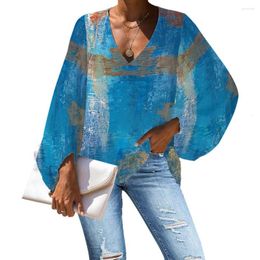 Blusas Femininas Personalizadas Pintura a Óleo Padrão Azul Marrom Blusa Tamanho Grande Camisa Casual Solta Manga Longa Tops Mais Decote em V Férias Praia