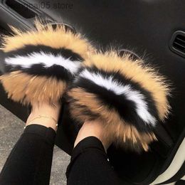 Slippers New Arrival Girl Luxury Fluffy Fur Slippers Ladies Indoor Warm Furry Fur Flip Flops Women Amazing Plush Fur Slides Wholesale Hot T230713