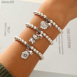 Vintage Tibetan Silver Plated Beads Stacked Bracelet Heart Flower Bear Design Pendant Elastic Rope Bracelet Fashion Jewelry Gift L230704