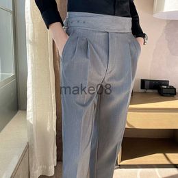 Men's Pants British Style Men High Waist Casual Dress Pant Men Belt Design Slim Trousers Formal Office Social Wedding Party Dress Suit Pants J230714