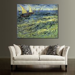 Handmade Canvas Art Fishing Boats at Sea 1888 Vincent Van Gogh Painting Impressionist Landscape Artwork Bathroom Decor