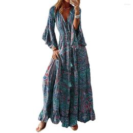 Casual Dresses Women Maxi Dress V-neck Print Horn Sleeve High Waist Loose Hem Dress-up Patchwork Plus Size Bohemian Lady Beach