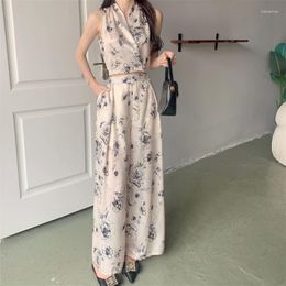 Women's Two Piece Pants 2023 Women Printed Sleeveless Blouse Wide Leg Suits Causal Holiday V Neck Flower Top Pieces Set Summer Outfits