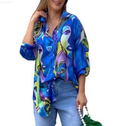 Women's Blouses Shirts Turn Down Collar Long Sleeve Colorful Print Shirt Casual Sexy Loose Shirt Abstract Swallowtail Medium Length Style Female Shirt L230712