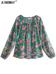 Women's Blouses Shirts Hippie Vintage Boho Shirt Women Floral Printed Tie Neck Blouse Shirts Tops Lantern Sleeve Female Elegant Casual Bohemian Blusas L230712