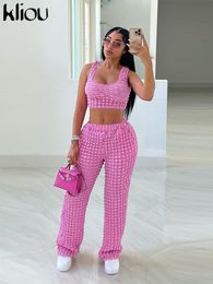 Women's Two Piece Pants Kliou Solid Stacked Two Piece Set Women Casual Square Collar Slim Camisole Loose High Waist Straight Pants Lady Streetwear Suit 230711