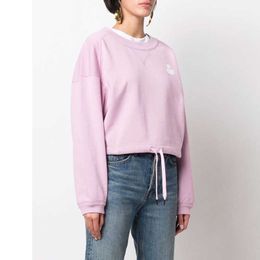 early spring new French flocking printing hem drawstring round neck short pink women's sweater Best quality