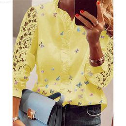 Women's Blouses Shirts Women Elegant Fashion Butterfly Print Blouses Top Ruffled Trim Casual Long Lace Sleeve Blouse L230712