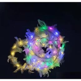 Party Hats Led White Feather Head Garland Hairband For Women Kids Angel Hen Night Fancy Dress Headband With Battery Replaceable Drop Dhg0T