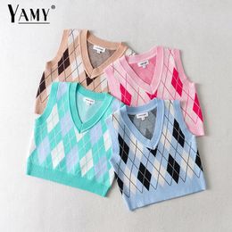 Pants Korean Fashion Sweater Vest Knitted Sweater Sleeveless Pullovers Vintage Argyle Cropped Sweaters Pink Elegant V Neck Sweaters