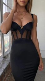 Casual Dresses 2023 Bandage Dress Bodycon Mesh Women Sexy Nightclub Party Mini Black Beige Deep V Neck Vestidos