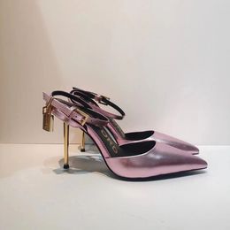 2023 high heeled sandals for Womens Luxury Designer Golden Lock decorate Ladies dress shoesGenuine Leather 10.5CM Metal heels Sexy Women stiletto sandal