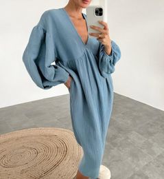 Women's Sleepwear Autumn Cotton Nightgown Woman Dresses Lantern Sleeve Night Dress Women Nightwear Solid Colour V-Neck Nightdress Winter