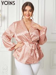 Women's Blouses Shirts YOINS Plus Size Elegant Polka Dot Printed Blouses 2023 Autumn Long Lantern Sleeve Satin Silk Shirts Casual Belted Wrap Tunic Top L230712