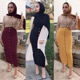 Buytiz High Waist Button Bodycon Maxi Skirt Plus Size Abaya Bottoms Women Long Turkish Yellow Hip Muslim Skirts Islamic Clothing1195j