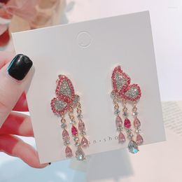 Dangle Earrings Pink Zircon Butterfly Tassel For Women Korean Sweet Long Girl Bling Engagement Dangler