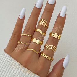 Trendy Rings Set for Women Men Gold Colour Leaves Flower Circular Geometric Finger Ring Hip Pop Fashion Jewellery Gift