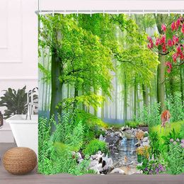 Shower Curtains Landscape Shower Curtain Winter Cedar Pine Spring Green Bamboo Forest Wildlife Animal Deer Elk Scenery Nature Fabric Bath Curtai