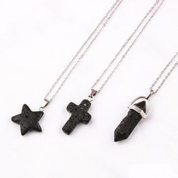 Pendant Necklaces Cross Star Hexagonal Prism Black Lava Stone Necklace Aromatherapy Essential Oil Per Diffuser Women Men Jewelry Dro Dhkvy