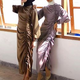 Ethnic Clothing Malaysia Elegant Satin Bodycon Pleated Long Maxi Dress Muslim Women Dubai Turkey Kaftan Islamic Ramadan Eid Robe Abaya