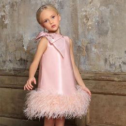 Girl's Dresses Pink Bowtie Lush Girl Party Dresses Elegant Feather Girl Princess Dress Shiny luxurious Birthday Wedding Dress Girl 230712