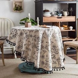 Table Cloth Cotton Linen Circular Black Tassel Peony Dust-Proof Floral Round TableCover For Kitchen Dinning Tabletop Decor