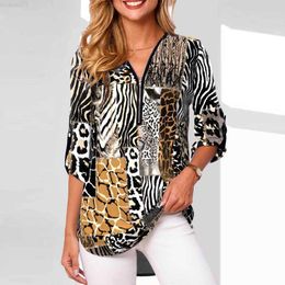 Women's Blouses Shirts Vintage Leopard Women Shirt Fashion V Neck Zipper Loose Female Blouse Spring Adjusted Long Sleeve Casual Pullover Top Streetwear L230712