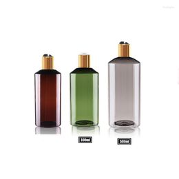 Storage Bottles 300ml/500ml Brown Green Empty Plastic Shampoo Bottle With Gold/Silver Disc Top Cap 10oz PET Essential Oil