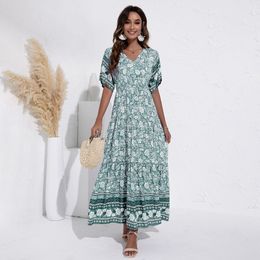 Basic Casual Dresses ATUENDO Summer Bohemian Women's Soft Dress Fashion Pure Green Long Dress Silk Casual Wedding Dress Guest Vintage High Waist Dress 230711