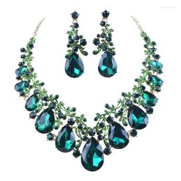 Necklace Earrings Set Women Party Crystal Statement Fashion Green Colour Water Drop Style Bridal Wedding And Top Gift