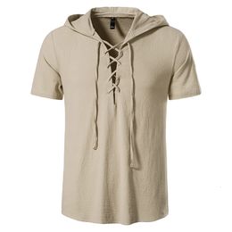 Men s Tank Tops Men Hooded Short sleeved T shirt V neck Shirt Summer Cotton Linen Led Casual Male Breathable 230711
