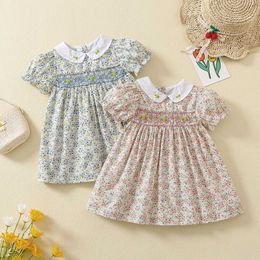 Girl's Dresses 2023 Summer Little Girl Short Sleeve Smocked Floral Dress Frock For 1 2 3 4 5 Years Girl Handmade Embroidery Spanish VestidoHKD230712