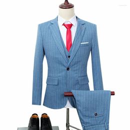 Men's Suits Banquet Wedding Plus Size Three Piece Suit Blazer Vest Pants Set / Male British Style Vertical Stripe Jacket Coat Trousers