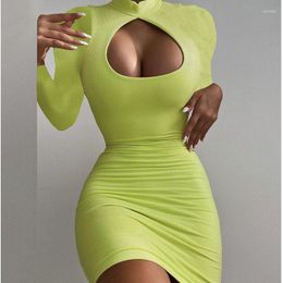 Party Dresses Green Sexy Cut-out Bodycon Dress For Women O Neck Long-sleeve Elastic Nightclub Fashion Hip Wrap Spring Mini
