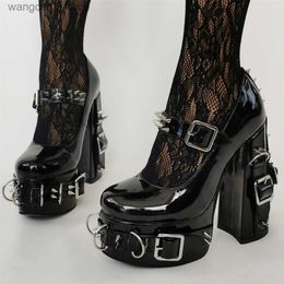 Sandals punk gothic style motorcycle super high heels women pumps cosplay costum buckle metal chain punk shoes ladies T230712