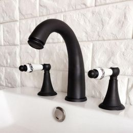 Bathroom Sink Faucets Black Oil Rubbed Brass Widespread Dual Handle Washing Basin Mixer Taps Deck Mounted 3 Holes Lavatory Faucet Ahg059