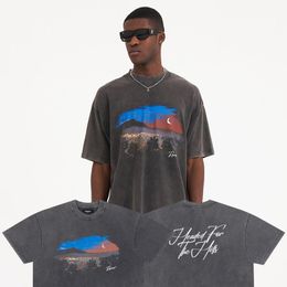 Mens TShirts The hills T shirt mountain night view print vintage quality high street pure cotton men women loose shortsleeve Tshirt 230712