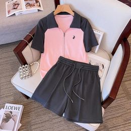 Women's Tracksuits Patchwork Oversized Loose Fashion Suit Korean Women 2023 Summer Short Sleeve Tops And Shorts Two Piece Set Sweat Outfits