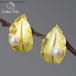 Charm Lotus Fun 18K Gold Natural Pearl Unusual New Leaf Stud Earrings for Women Original Genuine 925 Sterling Silver Luxury Exquisite Jewelry Z230713