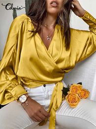 Women's Blouses Shirts Celmia Women Satin Blouse Autumn Sexy V Neck Elegant Long Bat Sleeve Wrap Shirts 2023 Stylish Bandage Waisted Party Tops Tunic L230712