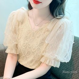 Women's Blouses 2023 Summer Light Luxury Embroidery Sequins Shirt Princess Puff Sleeve Short Top Women Apricot Lace Mesh Blouse Tops