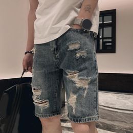 Men's Jeans Men Denim Shorts Summer Ripped Holes Short Midrise Pockets Zipper Button Fly Straight Leg Knee Length 230711