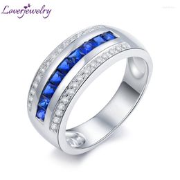 Cluster Rings LOVERJEWELRY Fancy Ring For Men Solid 14k White Gold 0.80ct Blue Sapphire Diamond Wedding Anniversary Engagement SR0009