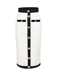 Skirts Arrival Women Button Patchwork White Black Bodycon Bandage Skirt 2023 Designer High Waist Party Club Pencil 60cm 230711