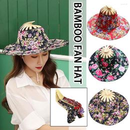 Wide Brim Hats Women Folding Bamboo Fan Hat Rose Flower Pattern Summer Sunshade Portable Sunscreen Cap Sun Protection