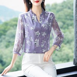 Women's Blouses Fashionable Seven-point Sleeves Floral Chiffon Flower Print Loose Casual Short Sleeve Women Shirt Middle-aged Womenswear